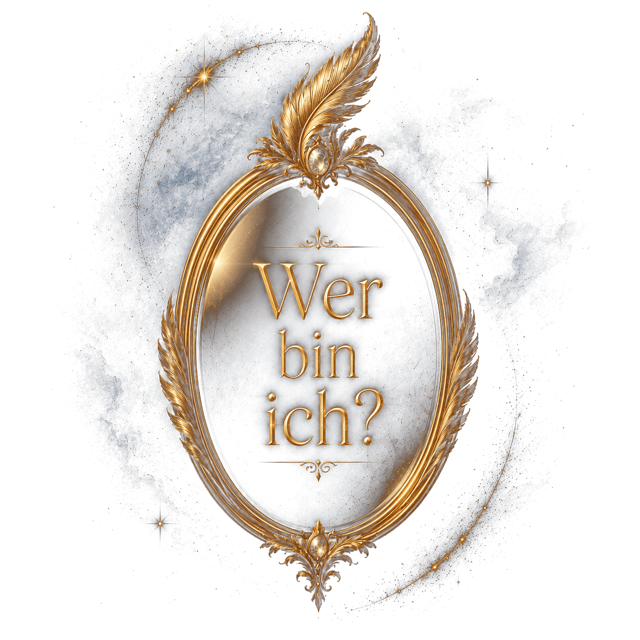 Ein goldener Spiegel mit der Frage „Wer bin ich?“